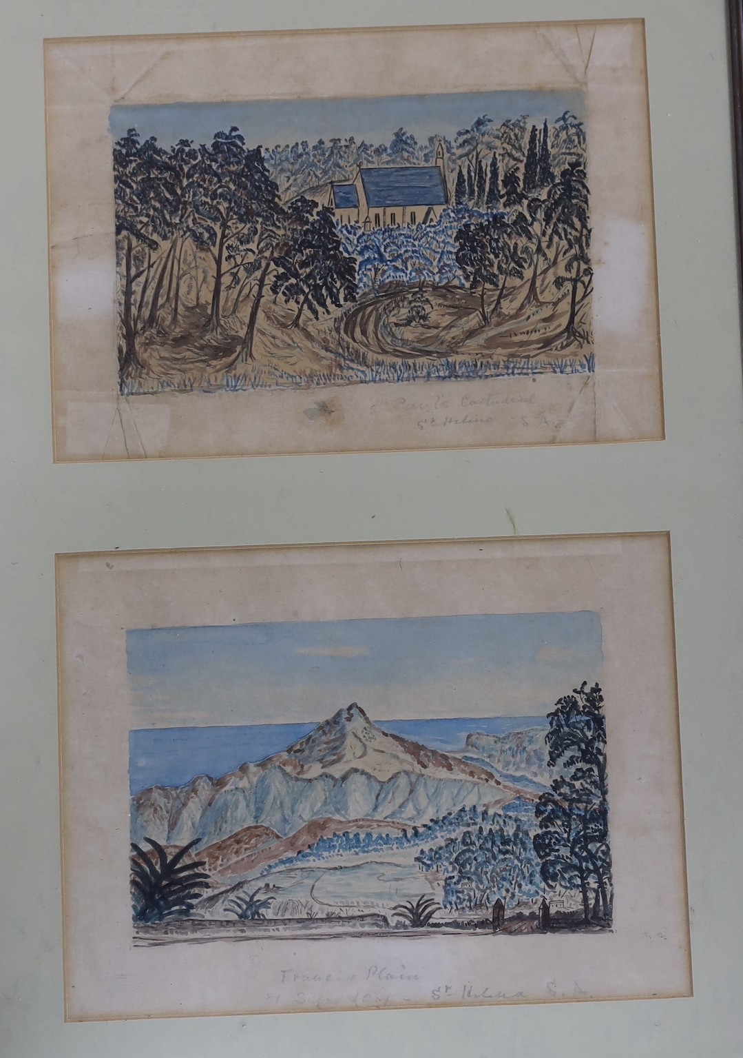 Naive English School, 19th century, four watercolours, depicting St Helena, including Napoleon’s tomb, inscribed